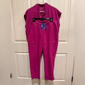 FIGS Raspberry Sorbet Scrub Set (L Rafaela Top + XL Petite Yola Pants)